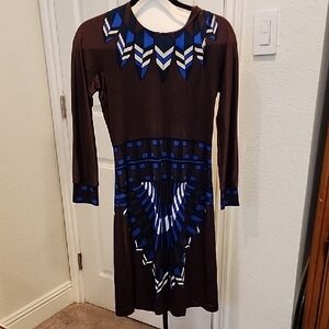 Tory Burch Brown Dress with Blue Accents. 100% Silk Sheath Dress S